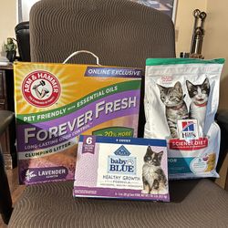 3~ct  Wet Cat Food, Dry Cat Food, And Arm Lavender fresh