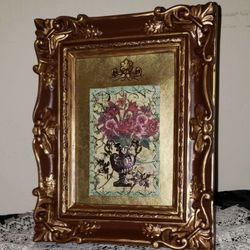 VINTAGE ORNATE GOLD ANTIQUED BRONZE FLORAL FLOWER ROSE VICTORIAN PICTURE FRAME PICTURE PLAQUE ART TABLE DECOR