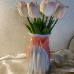 4 White Vases With Pink Ribbon And  Realistic Silk Tulips , Centerpieces For Baby Shower, Wedding, Celebration (Used 1 Time)