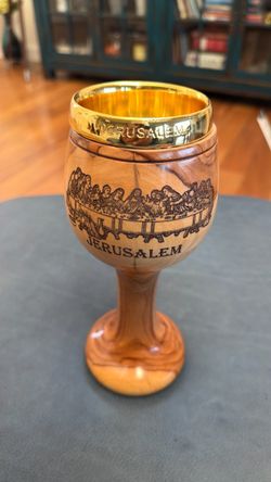 Catholic olive wood communion chalice featuring an engraved depiction of the Last Supper and crusaders cross Jerusalem cross