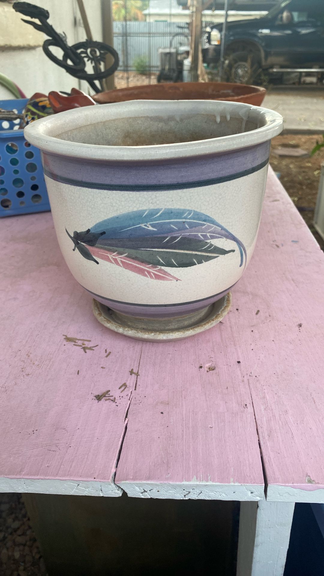 Purple And Blue Feather Ceramic Garden Pot With Attached Bottom 20$