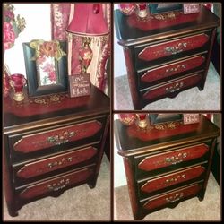 VINTAGE WOODEN HAND PAINTED FLORAL FLOWER ROSE VICTORIAN ACCENT TABLE STORAGE DRAWER CABINET BRASS HANDLE HARDWARE