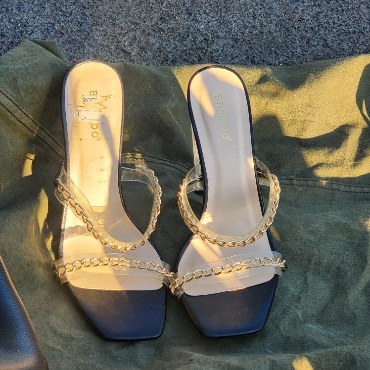 Womens High Heel Dress Shoes BAMBOO 9 EUC Gold Black (b3)