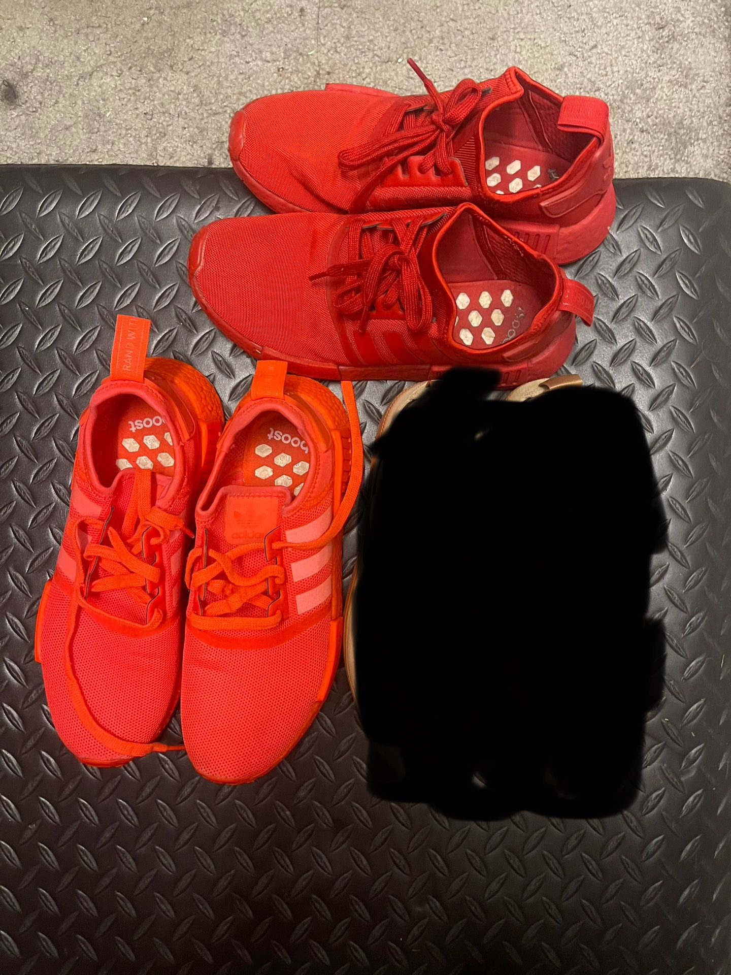 2 used pairs of shoes size 9 and 9.5 adidas triple solar red and adidas red