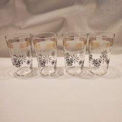 Vintage Mid-Century Federal Glass Highball Black Daisies Metalic Gold Band