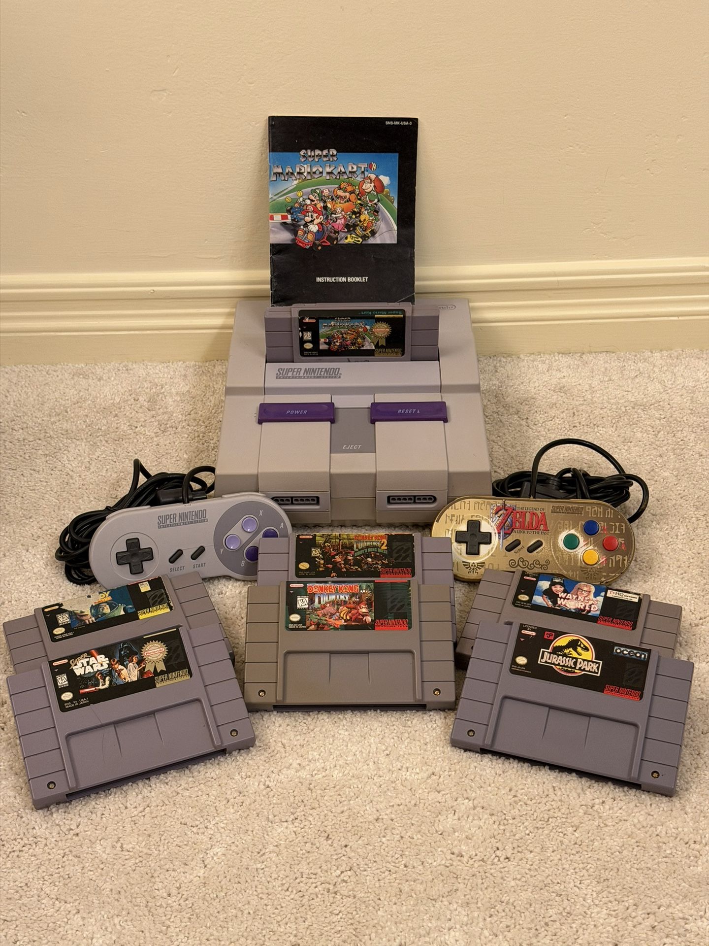 Super Nintendo SNES Console Bundle Mario Kart DKC And More