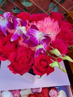 Flowers Box With Chocolates Inside Roses Orchids