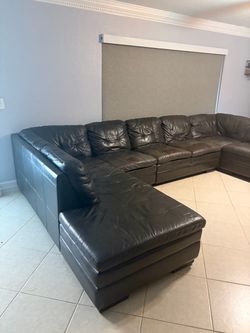 Large Dark Brown Leather Sectional Sofa with Ottoman
