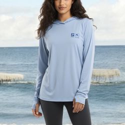 Pelagic Women’s AquaTek Blue Hooded Shirt UPF 50+ Long Sleeve Sz L