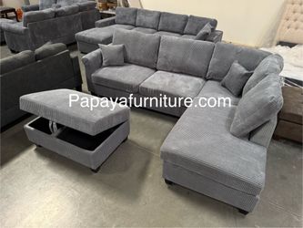 New Sectional Couch with Chaise and STORAGE Ottoman Sofa Set Dark Gray Fabric Living Room IKEA Style Movie Game Apartment Designer Staging Furniture
