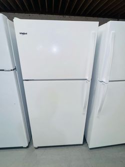 White Whirlpool refrigerator (30" x 65" x 29") with a receipt for a 90-day warranty.