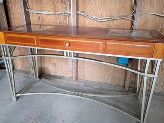 Very Nice Iron Base - Wooden & Glass Top Accent Table!