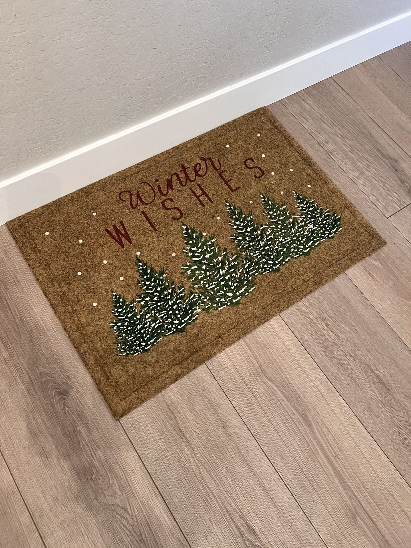 36x24 “Winter Wishes” and Trees Natural Coir Christmas Outdoor Doormat- Front Door Holiday Rug