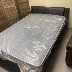 Upholstered Faux Leather Platform Bed with LED Light Bed Frame with Slatted-ModernLuxe