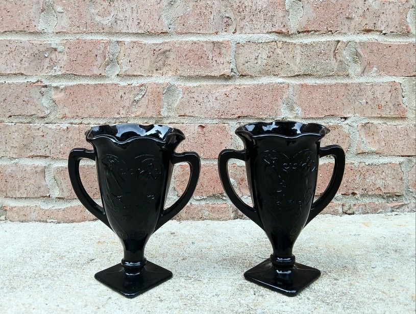 Vintage Smith Glass Snake Dance Black Crimped Vases 