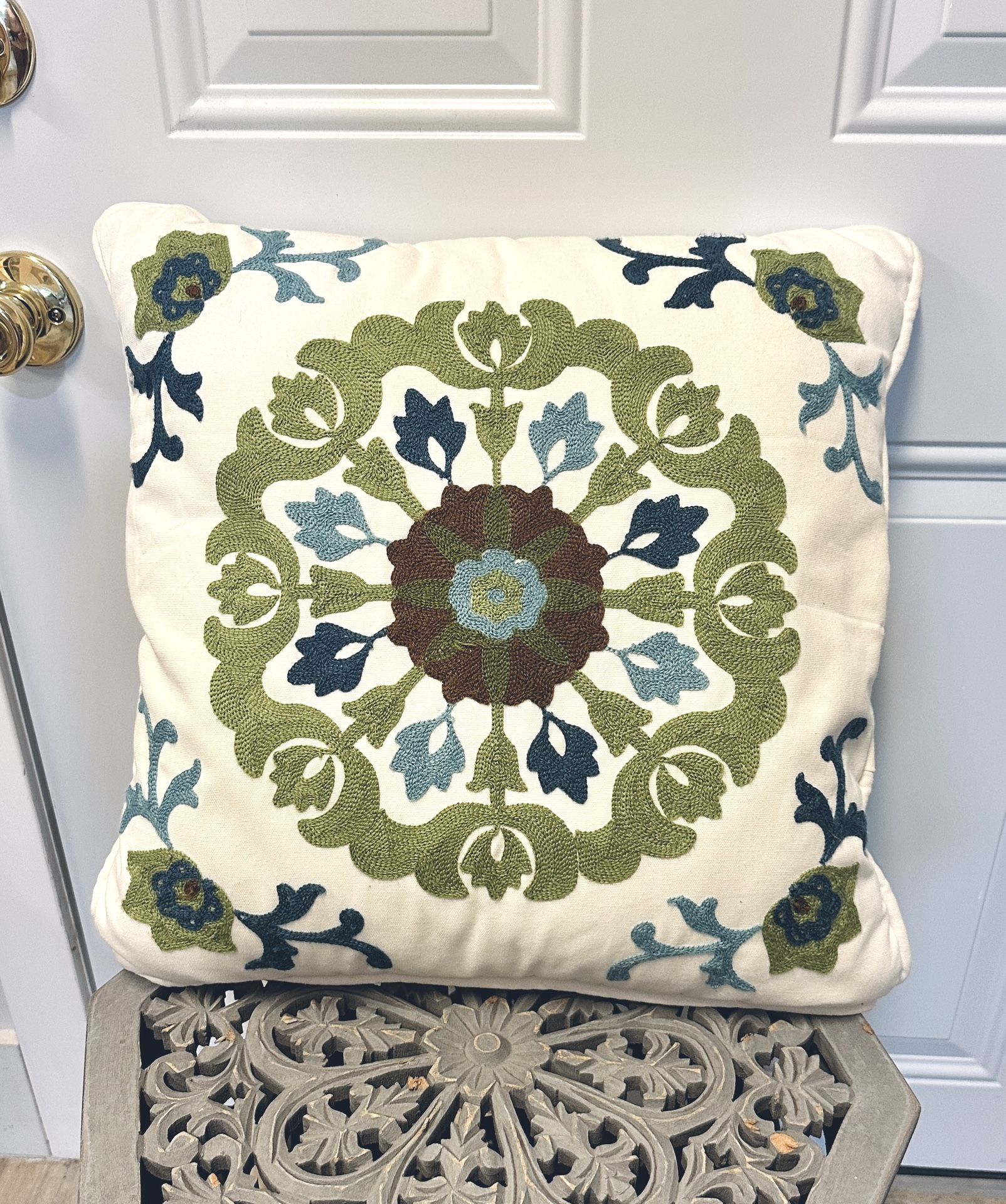 Embroidered Decorative Accent Pillow - White, Blue, Green