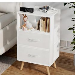 Night Stand, White Nightstand with Fabric Drawers, Wooden Side Table with Open Storage, 3-Tier Modern End Table, Bedside Table for Small Space, Living