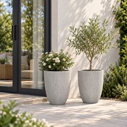 14.5 in. W x 19.2 in. H Mediterranean Beige Tapered Round Plastic Tropical Planters Set (2-Piece),PL2029-OW