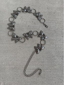 Vintage Butterfly Chain Belt Silver Tone Filigree Adjustable Waist Hip Belt 47”