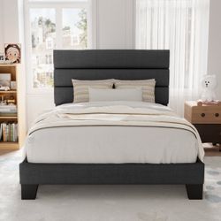 Allewie Twin Size Platform Bed Frame with Fabric Upholstered Headboard, No Box Spring Needed, Dark Grey