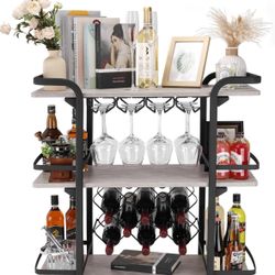 Jubao Bar Cart 3 Shelves with 8 Wine Racks & 4 Rows of Glass Holders, Light Grey Shelves & Double Curved Black Metal Handle, Beverage Cocktail Cart wi