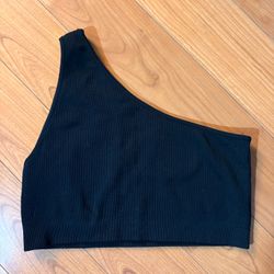 Sportneer Black Ribbed One Shoulder Crop Top Asymmetrical Seamless Tank Large