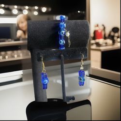 Glass Blue Eye Evil Stretch Bracelet And Earrings Set Handmade 
