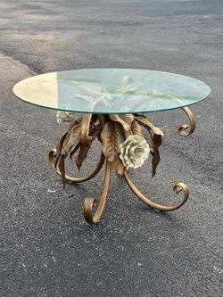 Vintage Hollywood Regency Floral Metal Glass Coffee Table