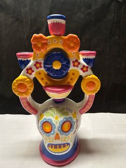 Halloween Decor Dia De Los Muertos Skull Calavera Candle Holder Candelabra