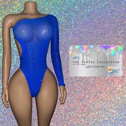 EXOTIC DANCE/ CLUB/ RAVE WEAR: BEDAZZLED BLUE BODYSUIT