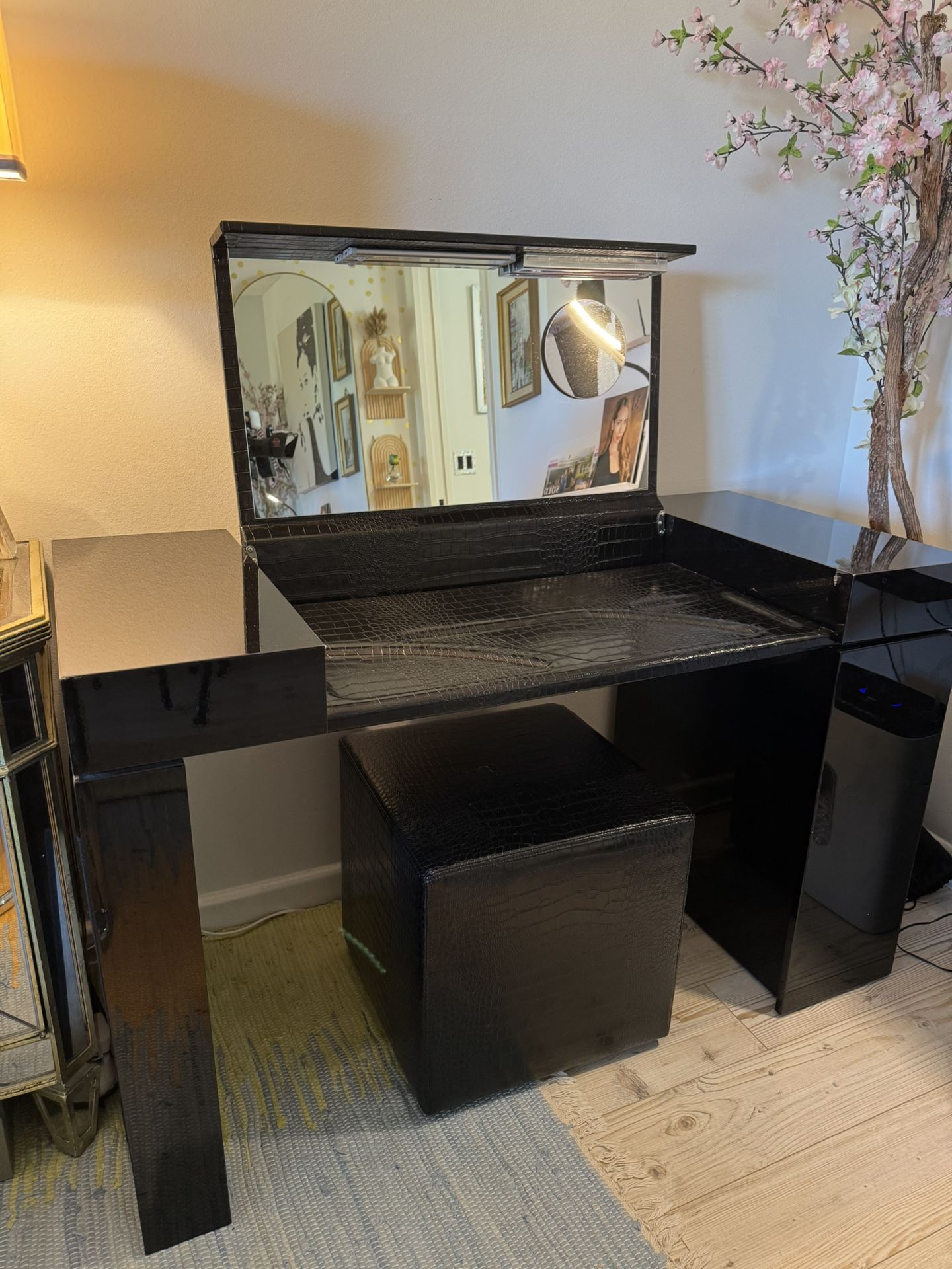 Make-up Table Vanity Leather & Laquer with bench for sale.