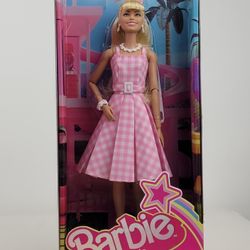 Barbie The Movie Doll Barbie in Pink Plaid Gingham Dress Margot Robbie HPJ96
