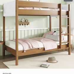 Twin Over Twin Bunk Bed, Upholstered Bunk Bed Frame with Ladder, Safety Guardrails ( No mattress)