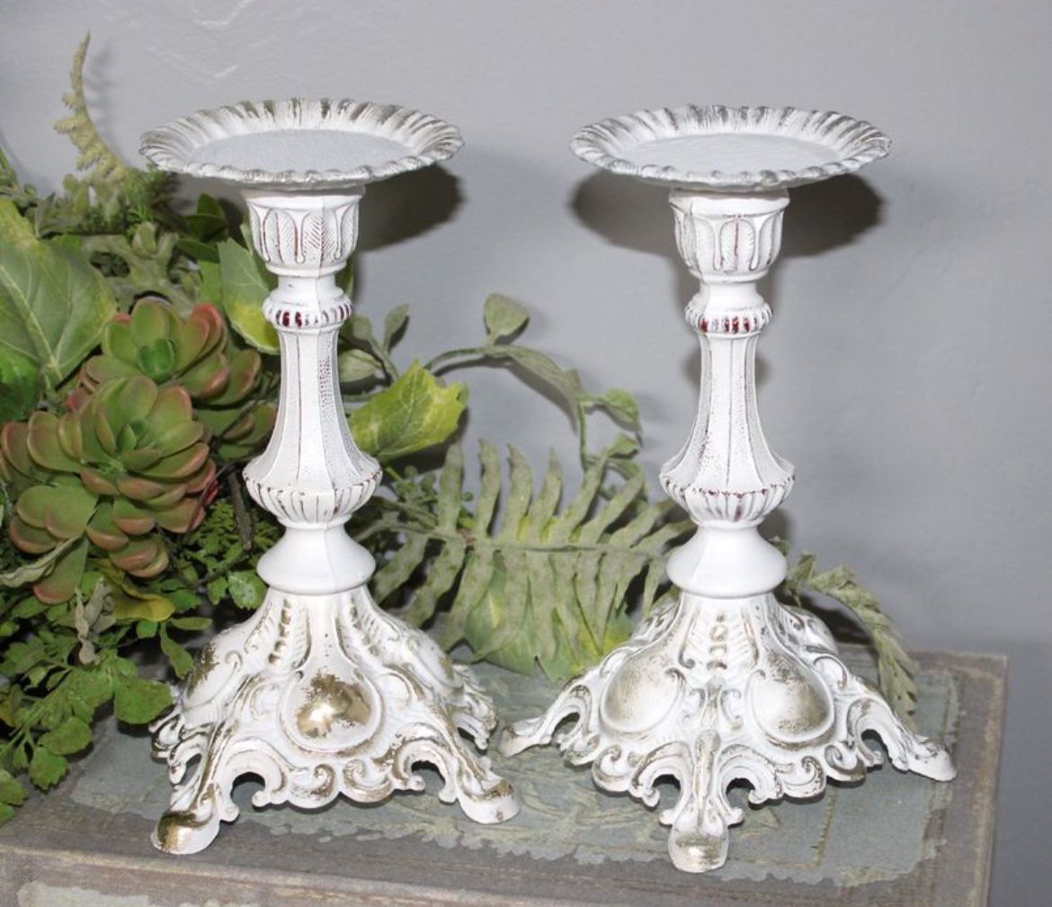 Vintage Shabby Chic Distressed White Candle Holders