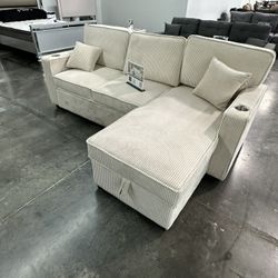 Convertible Sectional Reversible Storage Chaise W/ Cup Holder & USB & USB-C Port  Color: Beige