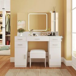 Vanity Desk with Mirror and Lights, Vanity Tables with 7 Drawers, Makeup Vanity with Tri-Folding 3 Colors Lighting Mirror and Cushioned Stool, Big Van
