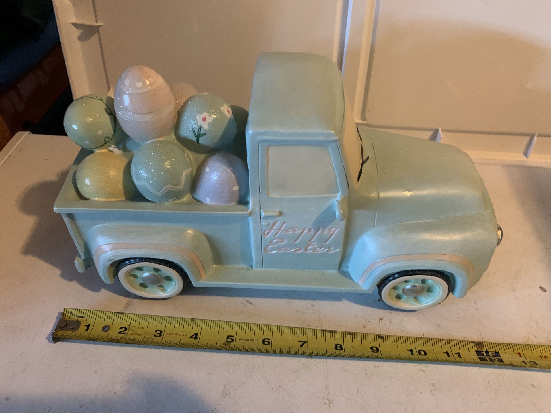 Large Easter Truck Filled W/ Eggs Decoration, 13 Inches Long, Happy Easter On Truck Doors, Tons Of Carved Details