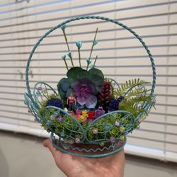 purple picnic themed still flower and miniature arrangement