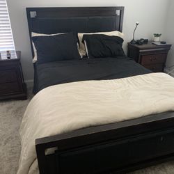 Queen Size Bed Frame with Leather Headboard & Metal Box Spring