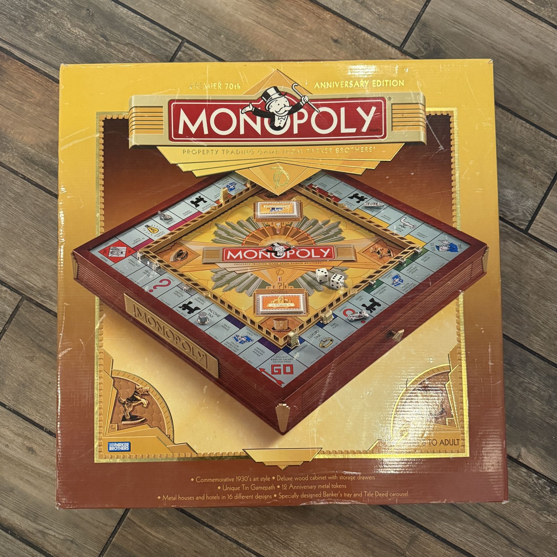 Monopoly Premier 70th Anniversary Deluxe Wood Cabinet Drawers Gold Complete
