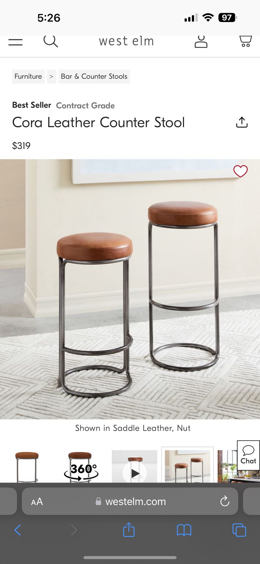 West Elm Cora Leather Counter Stools
