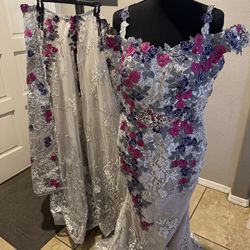 Elegant silver and purple floral prom dress sliver rhinestone, #prom #eveningwear #floral Off the shoulder elegant fancy dress. Alterations were made.