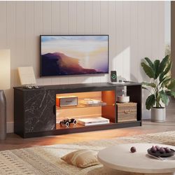 LED TV Stand with Power Outlets for 55/60/65 Inch TV, Gaming Entertainment Center with Cabinet for PS5, Modern TV Cabinet  Adjustable Glass Shelves