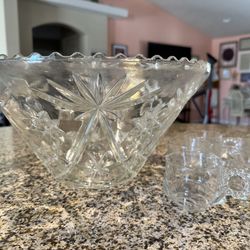 Vintage Glass Punch Bowl With Glasses