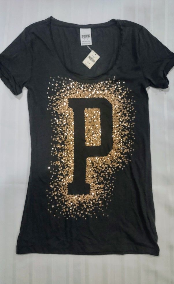 VS PINK 2012 Woman's T-shirt Blinged Out In Gold Sequence