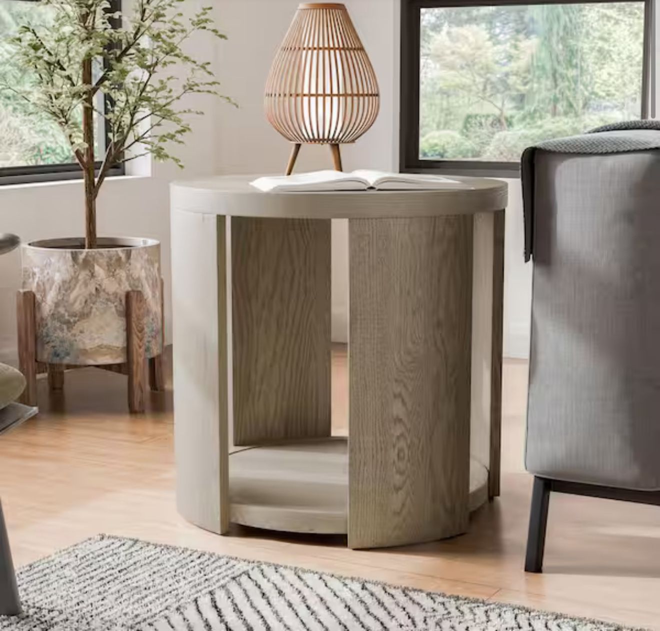 Rosin Modern 24 in. Oak Round Wood End Table With Shelf
