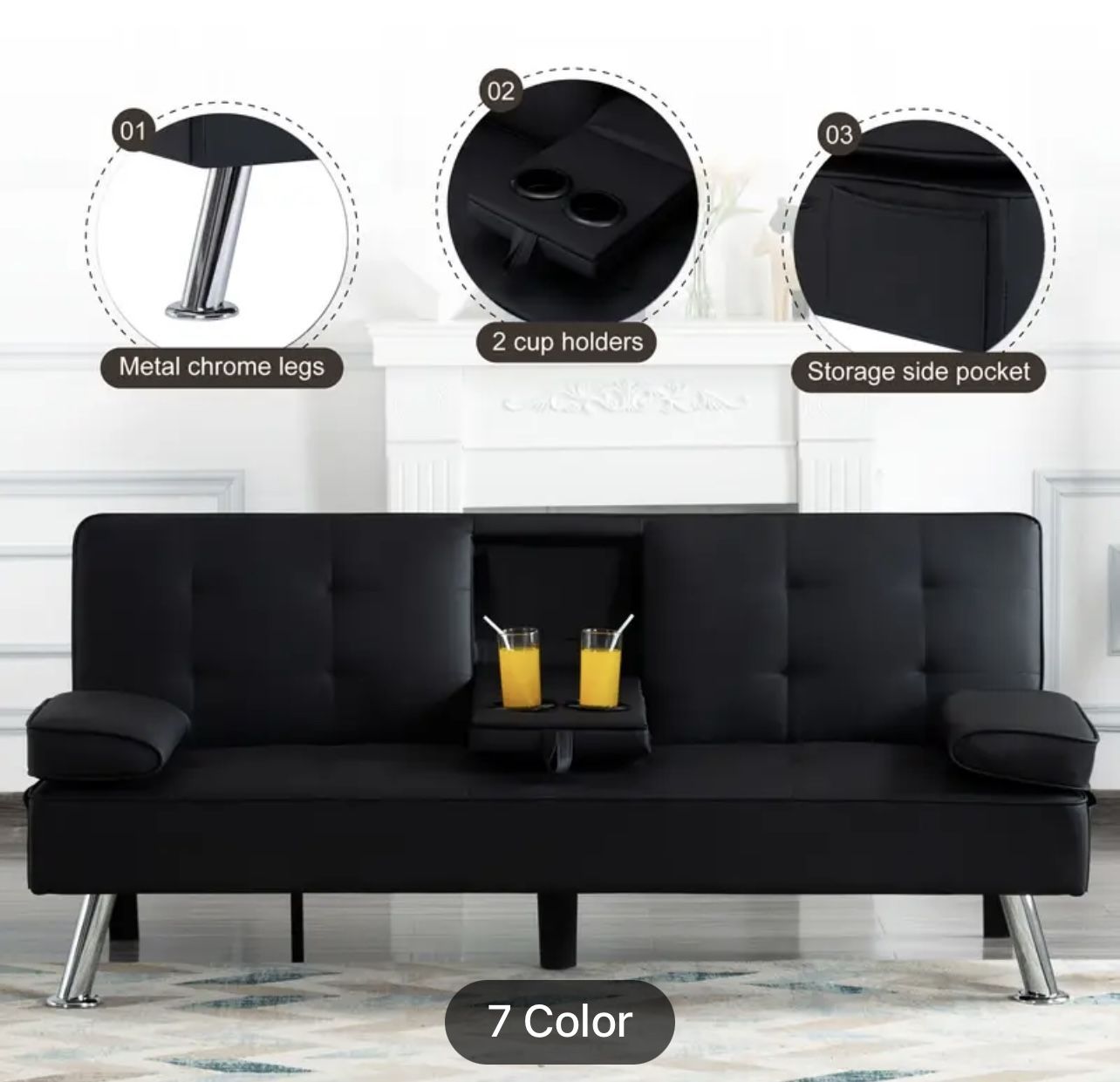 Brand New Double Sofa Bed with Cup holder 66” wide with Metal feet-black
