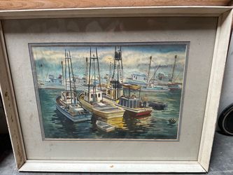 Framed Harbor Scene Watercolor Print