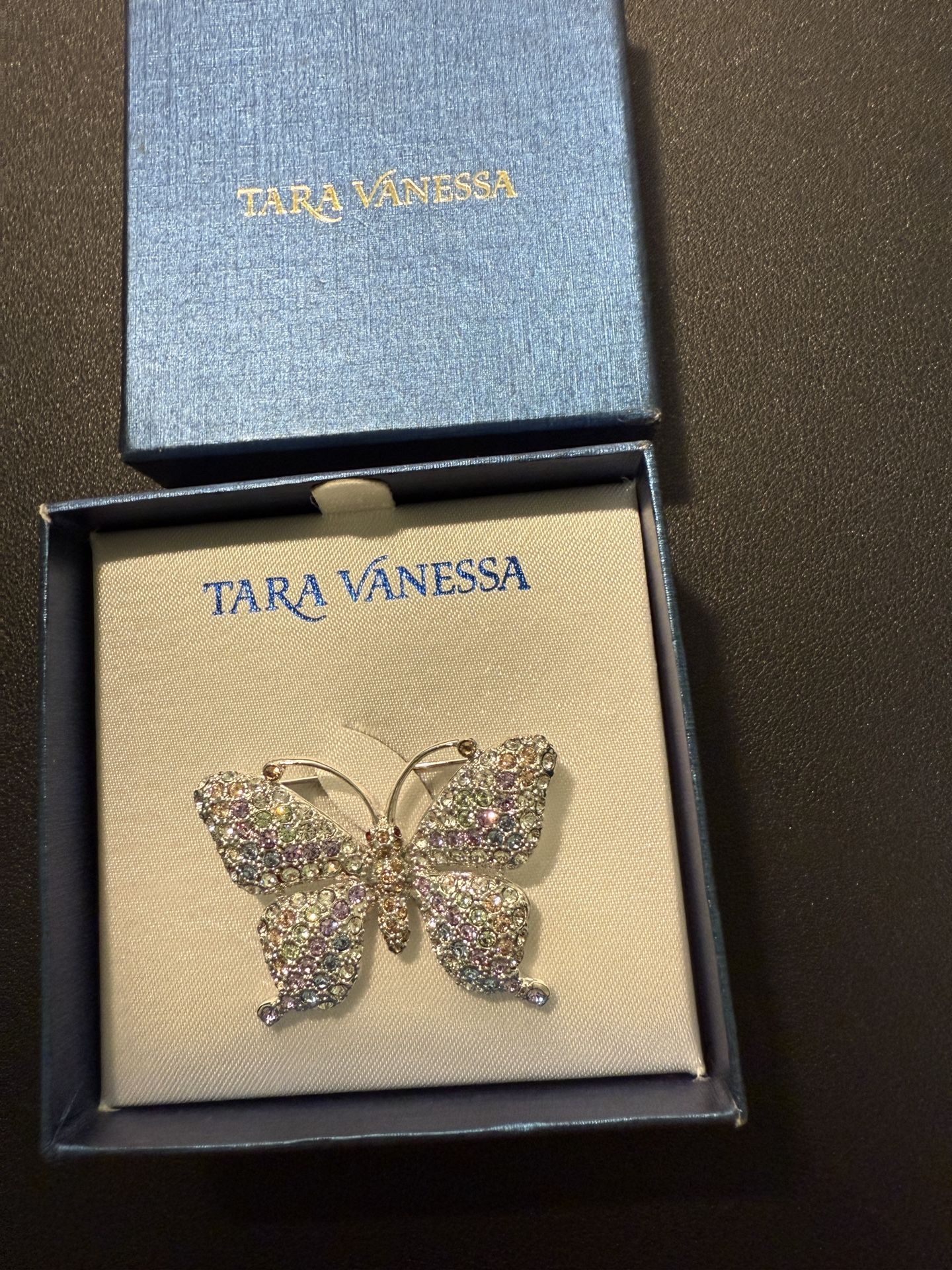 Tara Vanessa Vintage Y2K Butterfly Brooch Rhodium Plated Rhinestones, NIB, 2x1.5