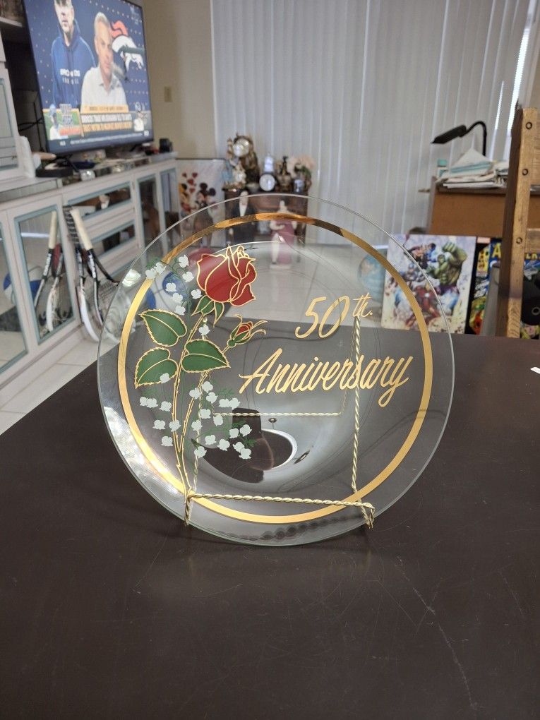 Gorgeous 50th Anniversary Platter Clear Glass With Rose Design 11.5"W